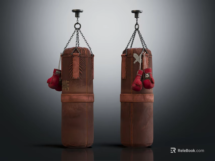Two Brown Leather Boxing Punching Bags with Red Gloves Hanging as Sports Equipment 3d model 