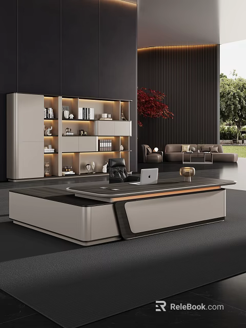 Modern Office Desk With Laptop Bookshelf Books Decorations Sofa And Green Trees 3d model 