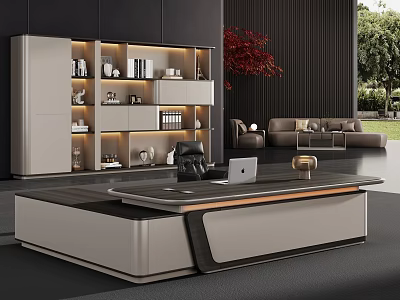 Modern Office Desk With Laptop Bookshelf Books Decorations Sofa And Green Trees 3d model