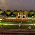 Garden Landscape Design With Circular Lawn Wooden Seats Terrace Steps And Surrounding Trees