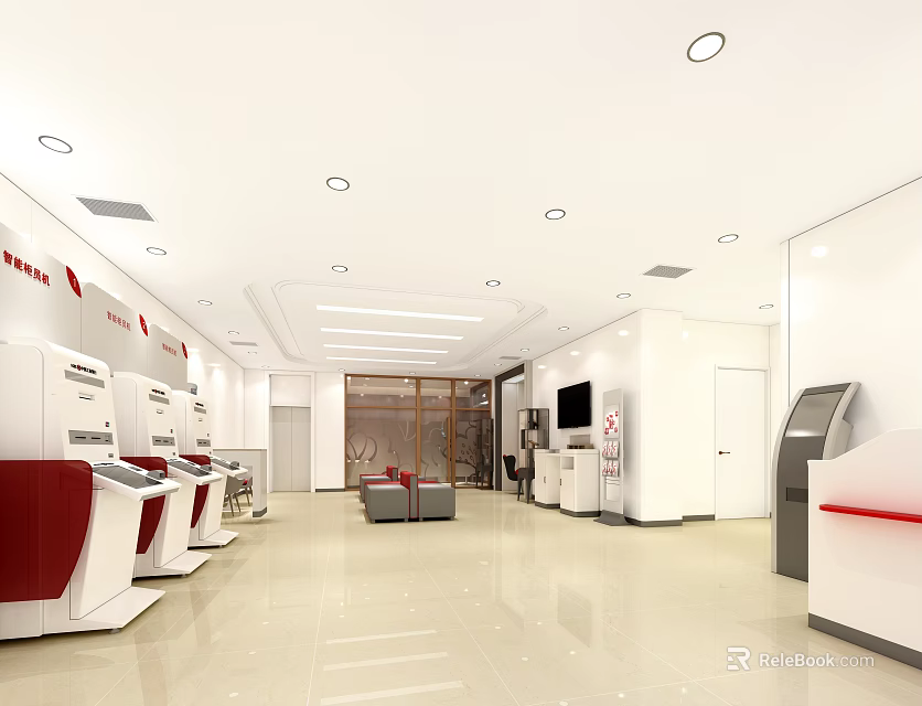 Modern Bank Interior With Self Service Kiosks Customer Service Counter And Comfortable Seating 3d model 