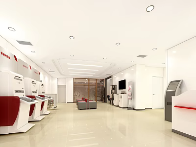 Modern Bank Interior With Self Service Kiosks Customer Service Counter And Comfortable Seating 3d model