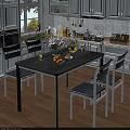 Modern Kitchen Interior With White Cabinets Wooden Floor Dining Table Fruits Flower Vase And Chairs