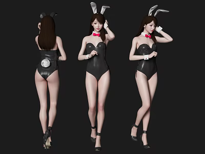 Woman In Black Bunny Bodysuit With Rabbit Ears Collar Gloves And High Heels 3d model