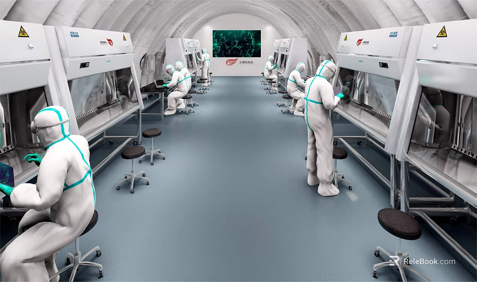 Well Equipped Modern Laboratory With Researchers in Protective Suits Working at Biosafety Cabinets 3d model 