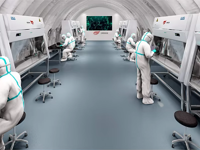 Well Equipped Modern Laboratory With Researchers in Protective Suits Working at Biosafety Cabinets 3d model