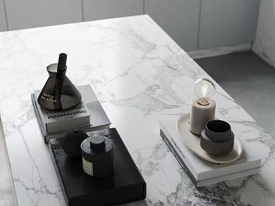 Minimalist Modern Tabletop Decor With Black Bottles Books And Bulb Decor On Marble Surface 3d model
