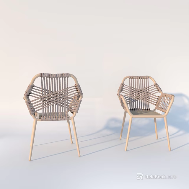 Pair of Modern Woven Rattan Outdoor Chairs With Sturdy Wooden Legs 3d model 