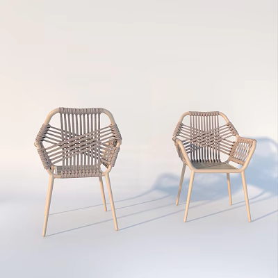 Pair of Modern Woven Rattan Outdoor Chairs With Sturdy Wooden Legs 3d model