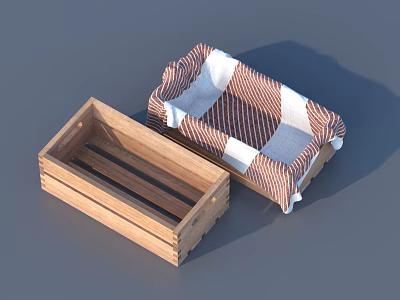 Wooden Storage Box and Red White Striped Fabric Sofa for Daily Living 3d model