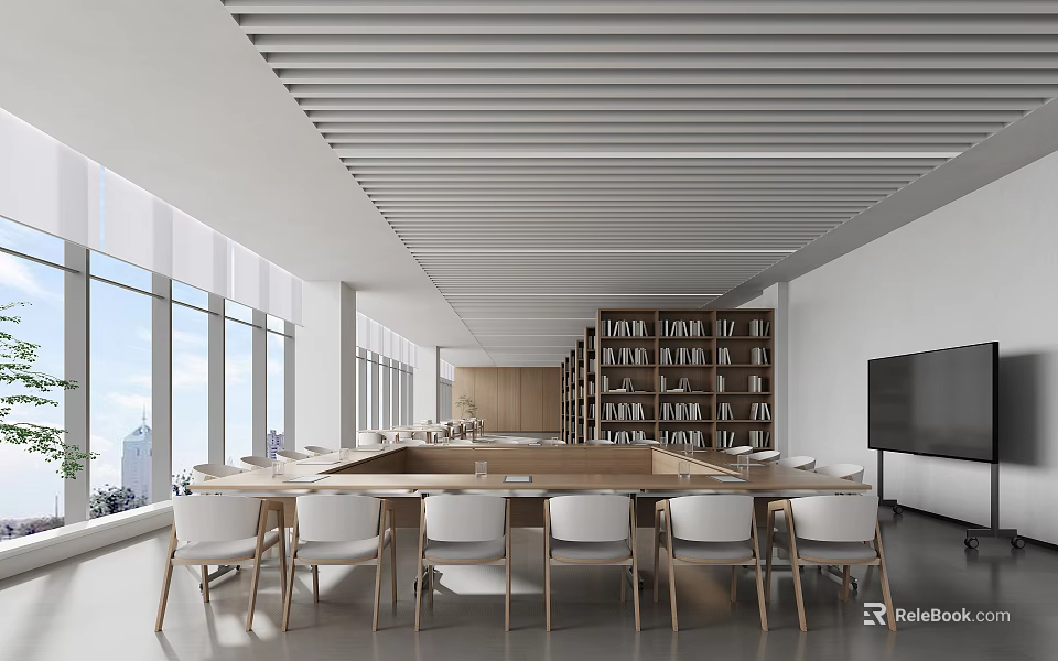 Book Art Meeting Room Interior With Bookshelves And Natural Light 3d model 