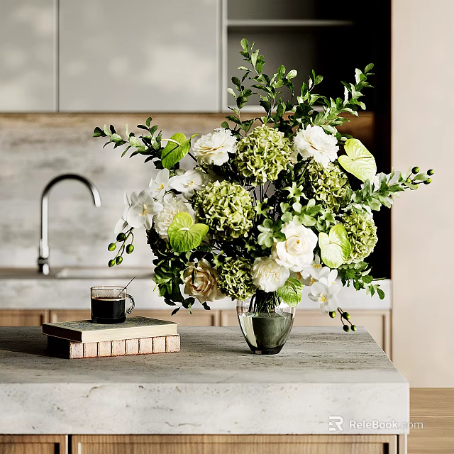 Elegant Decorative Ornament Combination For Modern Kitchen Countertop With Flower Vase Green Plants And Books 3d model 