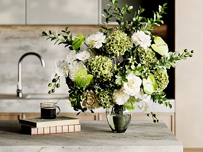 Elegant Decorative Ornament Combination For Modern Kitchen Countertop With Flower Vase Green Plants And Books 3d model