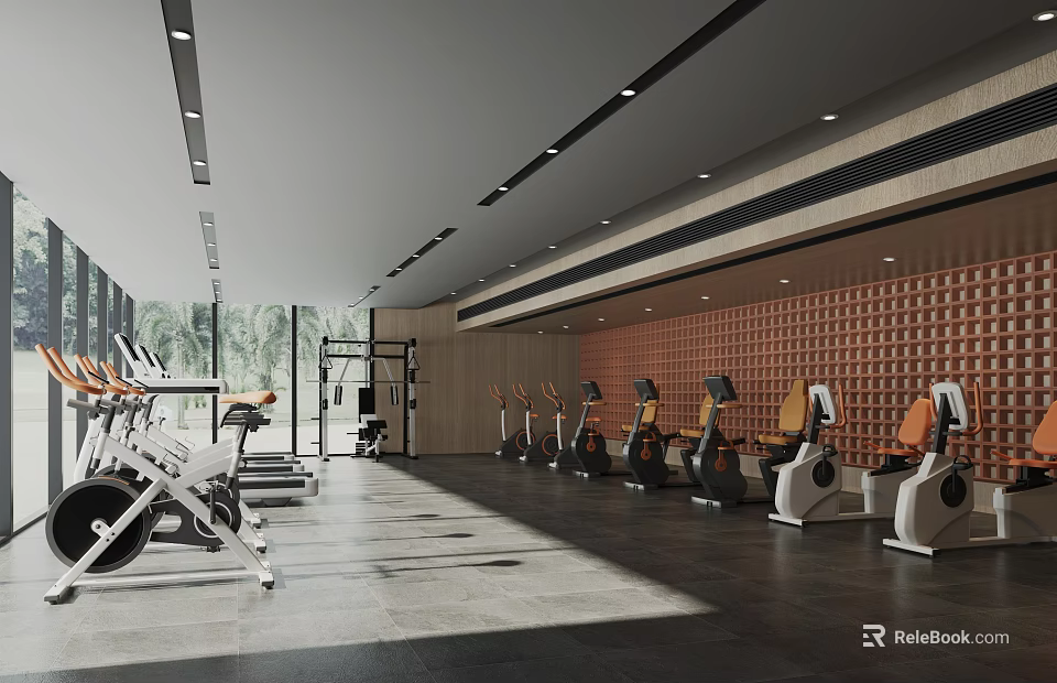 Modern Gym Interior With Floor To Ceiling Windows Orange Seats Wooden Walls And Equipment 3d model 