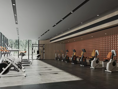 Modern Gym Interior With Floor To Ceiling Windows Orange Seats Wooden Walls And Equipment 3d model