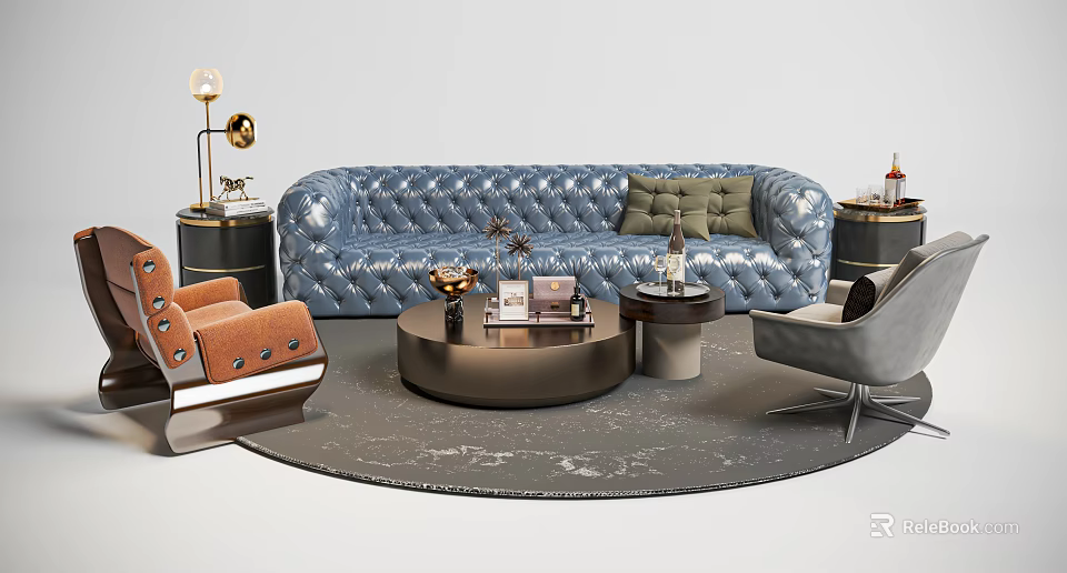 Luxurious Blue Tufted Sofa And Round Coffee Table Set With Armchairs And Floor Lamp 3d model 