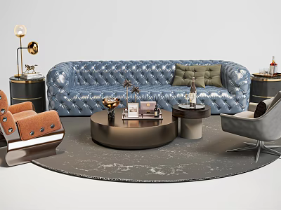 Luxurious Blue Tufted Sofa And Round Coffee Table Set With Armchairs And Floor Lamp 3d model
