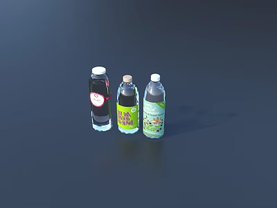 Three Different Colored Beverage Bottles With Labels On Dark Background 3d model