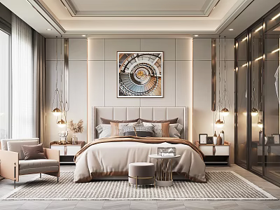 Elegant Modern Bedroom Interior Design With Tufted Headboard Decorative Painting Nightstands And Pendant Lights 3d model
