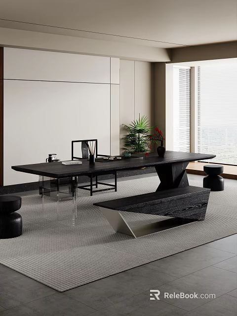 Modern Black Tea Table and Chairs with Bench by Window Minimalist Design 3d model