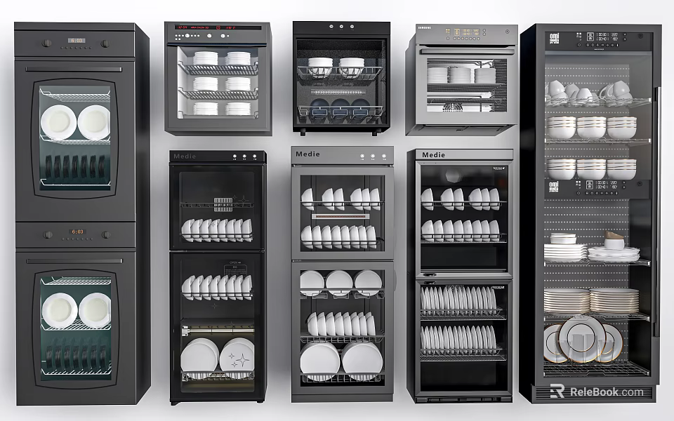 Modern Sideboard Collection With Glass Doors Displaying Plates Cups And Dinnerware 3d model 
