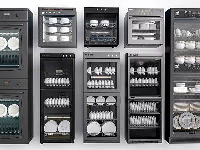 Modern Sideboard Collection With Glass Doors Displaying Plates Cups And Dinnerware 3d model