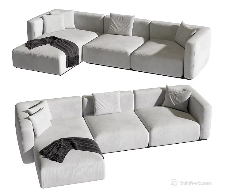 Modern Light Gray Sectional Sofa with Decorative Pillows and Soft Throw Blanket 3d model