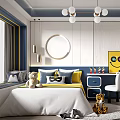 Cheerful Kids Room With Bed Stuffed Toys Desk Chair Round Mirror Artwork And Pendant Lights