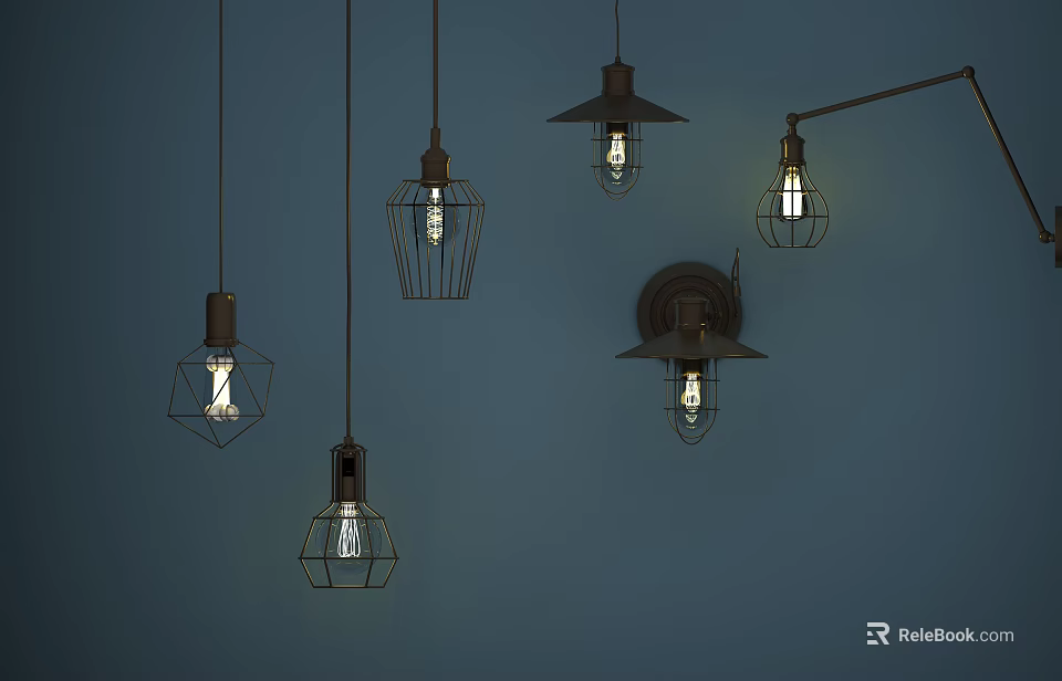 Vintage Industrial Light Fixture Combination With Metal Frame Hanging Lamps And Wall Sconces 3d model 