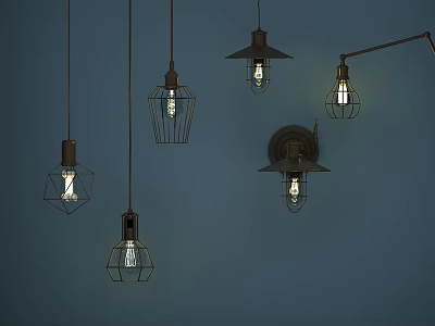 Vintage Industrial Light Fixture Combination With Metal Frame Hanging Lamps And Wall Sconces 3d model