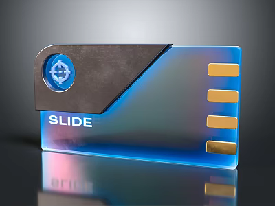 Slide Themed Card Design With Blue Circular Logo And Gold Strips 3d model