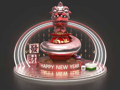 Chinese New Year Photo Spot With Red Lion Figure Fortune Characters And Neon Lights 3d model