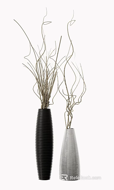 Black Spiral Textured Vase And White Striped Vase With Dried Branches For Home Decor 3d model 