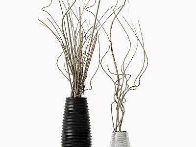 Black Spiral Textured Vase And White Striped Vase With Dried Branches For Home Decor 3d model