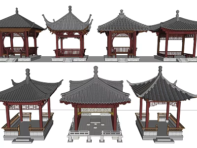 Traditional Chinese Pavilion Models With Various Roof Styles And Architectural Details 3d model