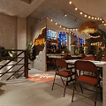 Cozy Restaurant Interior With Tents String Lights Round Tables Red Chairs And Straw Umbrellas