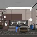 Modern Minimalist Bedroom Interior Featuring Dark Headboard Bed Round Ottoman Nightstand Lamp And Gray Tones