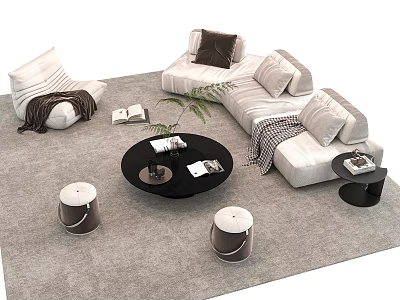 Modern L Shaped Light Colored Sofa With Throw Pillows Black Round Coffee Table And Stools 3d model