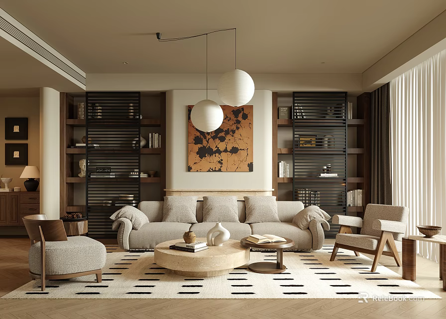 Modern Elegant Living Room With Beige Sofa Round Coffee Table Black And White Geometric Rug 3d model 