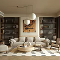 Modern Elegant Living Room With Beige Sofa Round Coffee Table Black And White Geometric Rug
