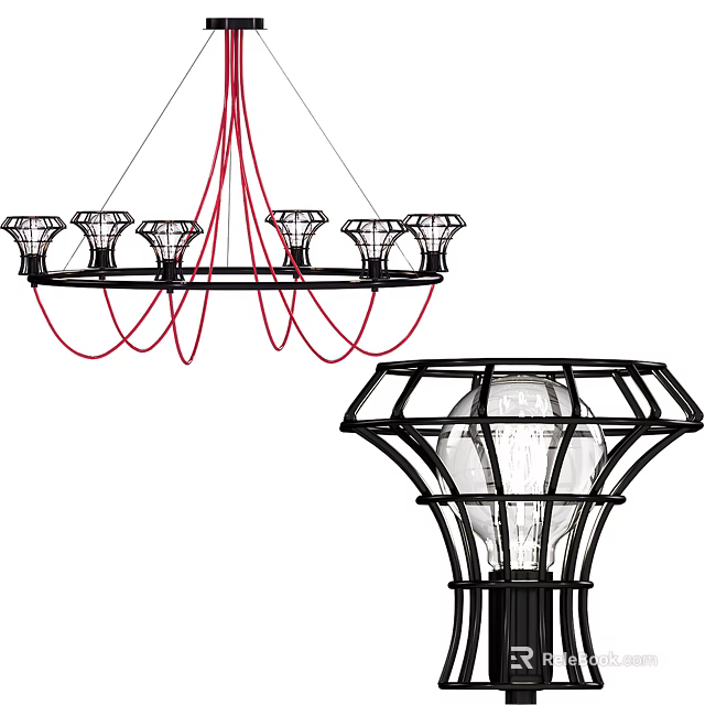 Decorative Hanging Chandeliers With Glass Shades Red Cords And Black Geometric Frame 3d model 