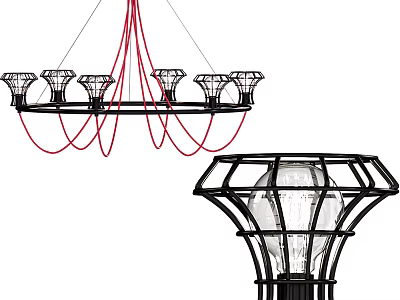 Decorative Hanging Chandeliers With Glass Shades Red Cords And Black Geometric Frame 3d model