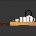 Traditional Green Tea Set On Wooden Tray With Teapot Cups Bowls Leaf Cloth And Chopsticks