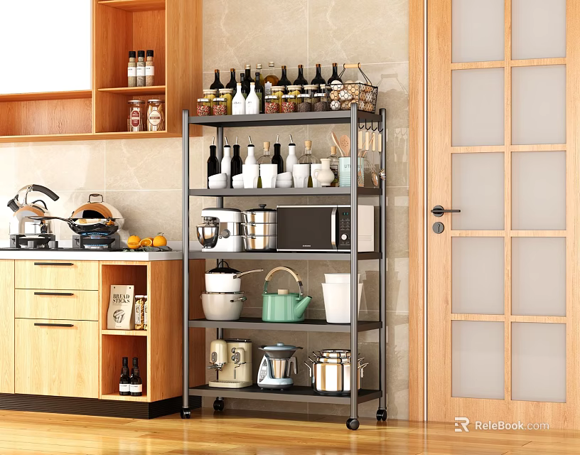 Sturdy Metal Bathroom Cabinet Rack with Wheels and Multi tier Storage Shelves 3d model 