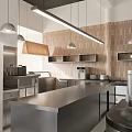 Modern Restaurant Interior With Dining Tables Chairs Pendant Lights And Open Kitchen