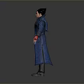 3D Male Character In Blue Long Coat With Red Gloves And Gray Background