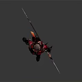 Game And Movie Fantasy Character In Red Outfit With Horned Headpiece Sword And Black Accessories