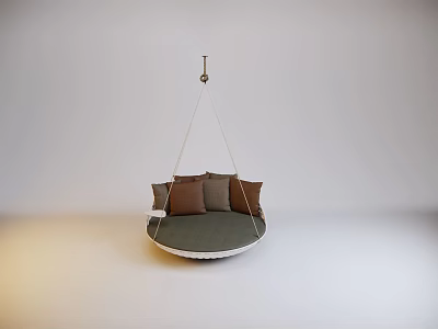 Hanging Chair Minimalist Round Design With Soft Brown Cushions Suspended By White Ropes For Indoor Relaxation 3d model