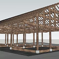 Industrial Construction Equipment Wooden Structural Frame with Beams Columns Concrete Foundations and Blue Sky
