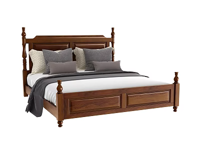 Classic Wooden Double Bed With Bedposts Decorative Pillows And Gray Blanket 3d model